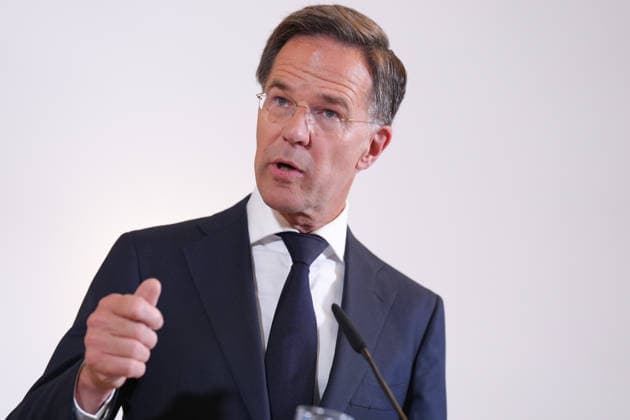 Visit by the German-Dutch Corps with Federal Chancellor Merz; a portrait of NATO Secretary General Mark Ruette gesturing during the press conference following the visit to the 1st German-Dutch Corps, Münster, October 1, 2026, Münster, North Rhine-Westphalia, Germany