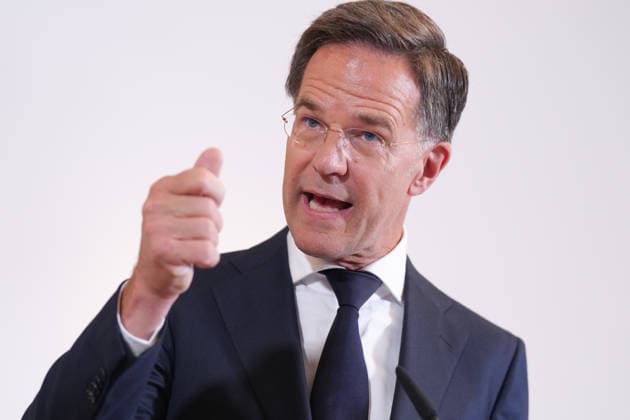 Visit by the German-Dutch Corps with Federal Chancellor Merz; a portrait of NATO Secretary General Mark Ruette gesturing during the press conference following the visit to the 1st German-Dutch Corps, Münster, October 1, 2026, Münster, North Rhine-Westphalia, Germany