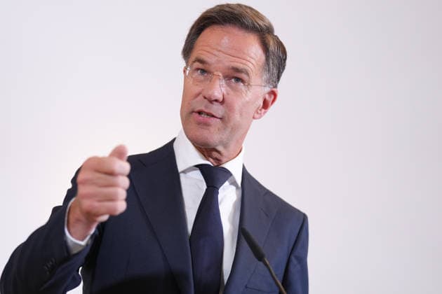 Visit by the German-Dutch Corps with Federal Chancellor Merz; a portrait of NATO Secretary General Mark Ruette gesturing during the press conference following the visit to the 1st German-Dutch Corps, Münster, October 1, 2026, Münster, North Rhine-Westphalia, Germany