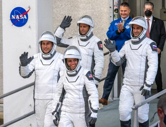 NASA s Crew-13 Astronaut Jessica Watkins, commander, Astronaut Luke Delaney (L), pilot and Mission Specialists Joshua Kutryk (rear L) of the Canadian Space Agency and Sergey Teteryatnikov of Roscosmos (R) walk out of the operations building on their way to board as Dragon Spacecraft atop a SpaceX Falcon 9 rocket on SLC-40 at Kennedy Space Center, Florida on Thursday, October 1, 2026. They are on their way to the International Space Station.  KSC2026100102 PATxBENIC