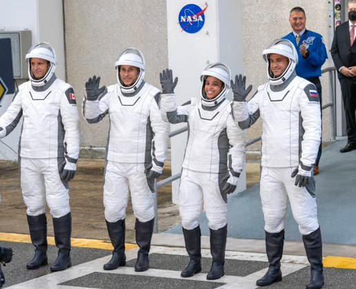 NASA s Crew-13 Astronaut Jessica Watkins, commander(2nd R), Astronaut Luke Delaney , pilot and Mission Specialists Joshua Kutryk (L) of the Canadian Space Agency and Sergey Teteryatnikov of Roscosmos (R) walk out of the operations building on their way to board as Dragon Spacecraft atop a SpaceX Falcon 9 rocket on SLC-40 at Kennedy Space Center, Florida on Thursday, October 1, 2026. They are on their way to the International Space Station.  KSC2026100105 PATxBENIC
