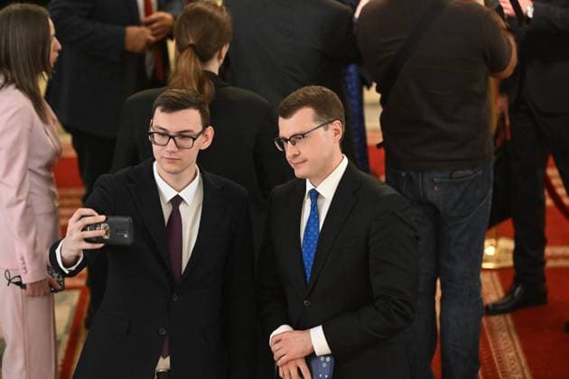 Moscow. The first session of the ninth State Duma of the Russian Federation. VGTRK journalist Pavel Zarubin (right) after the session. KomsomolskayaxPravda