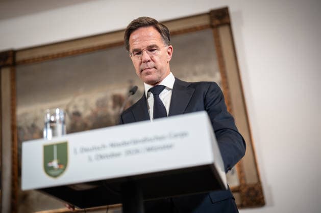 Mark Rutte, NATO Secretary General, during the closing remarks at a meeting between the German Chancellor, the Prime Minister of the Netherlands, and the NATO Secretary General at the 1st German-Dutch Corps in Münster, Münster, North Rhine-Westphalia, Germany; German-Dutch Corps