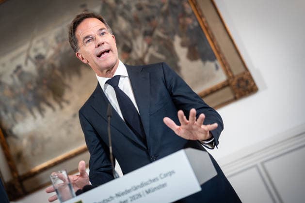Mark Rutte, NATO Secretary General, during the closing remarks at a meeting between the German Chancellor, the Prime Minister of the Netherlands, and the NATO Secretary General at the 1st German-Dutch Corps in Münster, Münster, North Rhine-Westphalia, Germany; German-Dutch Corps