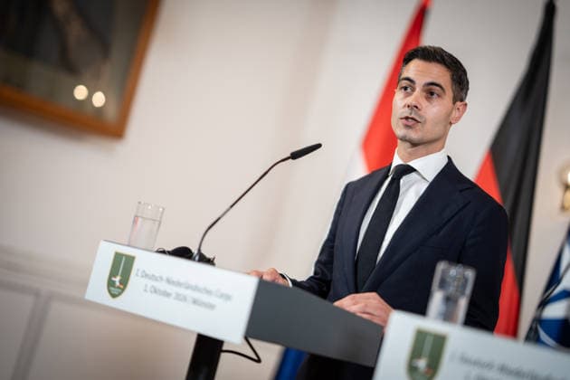Rob Jetten, Prime Minister of the Netherlands, during the closing remarks at a meeting between the German Chancellor, the Prime Minister of the Netherlands, and the NATO Secretary General at the 1st German-Dutch Corps in Münster, Münster, North Rhine-Westphalia, Germany; German-Dutch Corps