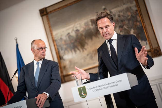 Friedrich Merz, Chancellor of Germany, with Mark Rutte, NATO Secretary General (from left), during the closing remarks at a meeting between the Chancellor, the Prime Minister of the Netherlands, and the NATO Secretary General at the 1st German-Dutch Corps in Münster, Münster, North Rhine-Westphalia, Germany; German-Dutch Corps
