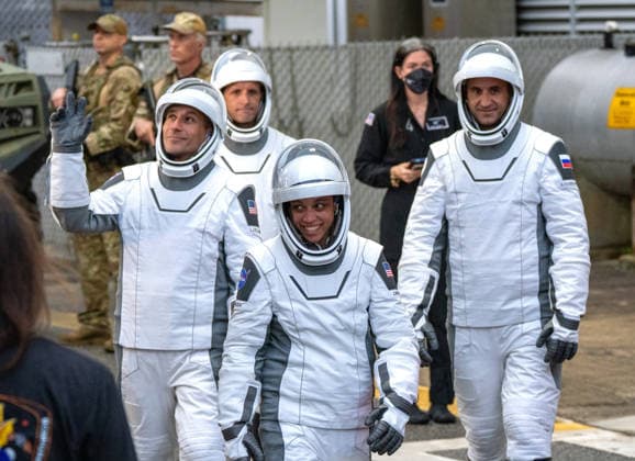 NASA s Crew-13 Astronaut Jessica Watkins, commander(C), Astronaut Luke Delaney(L),pilot, and Mission Specialists Sergey Teteryatnikov of Roscosmos (R) and Canadian Astronaut Joshua Kutryk (rear)walk out of the operations building on their way to board as Dragon Spacecraft atop a SpaceX Falcon 9 rocket on SLC-40 at Kennedy Space Center, Florida on Thursday, October 1, 2026. They are on their way to the International Space Station. KSC2026100126 KATExBENIC