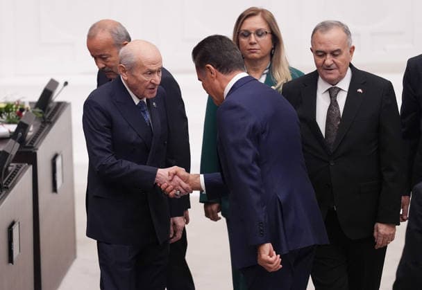 5th Legislative Year of the 28th Term at the Grand National Assembly of Turkiye ANKARA, TURKIYE - OCTOBER 1: Republican People s Party (CHP) Erzincan Deputy Mustafa Sarigul greets leader of the Nationalist Movement Party (MHP) Devlet Bahceli during the opening session of the 5th Legislative Year of the 28th Term at the Grand National Assembly of Turkiye (TBMM) in Ankara, Turkiye on October 01, 2026. Ercin Erturk Anadolu Ankara Turkey. Editorial use only. Please get in touch for any other usage. Copyright: x2026xAnadoluxErcinxErturkx