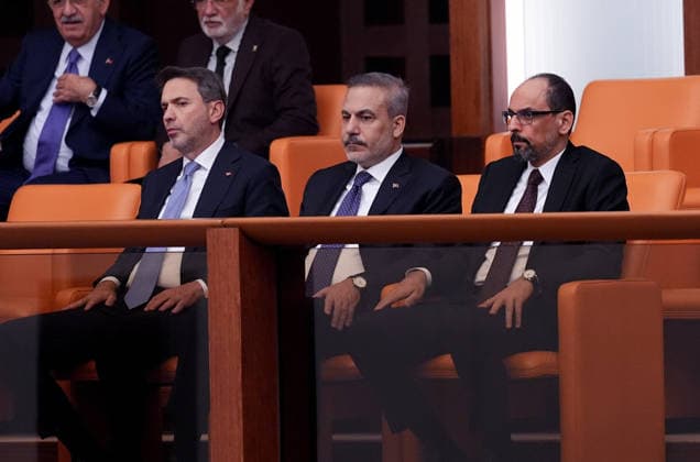 5th Legislative Year of the 28th Term at the Grand National Assembly of Turkiye ANKARA, TURKIYE - OCTOBER 1: Minister of Foreign Affairs Hakan Fidan (C), Head of the National Intelligence Organization (MIT) Ibrahim Kalin (R), and Minister of Energy and Natural Resources Alparslan Bayraktar (L) attend the opening session of the 5th Legislative Year of the 28th Term at the Grand National Assembly of Turkiye (TBMM) in Ankara, Turkiye on October 01, 2026. Ercin Erturk Anadolu Ankara Turkey. Editorial use only. Please get in touch for any other usage. Copyright: x2026xAnadoluxErcinxErturkx