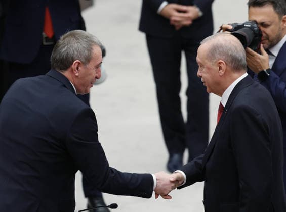 Opening Event of the 5th Legislative Year of the 28th Term of the Grand National Assembly of Turkiye ANKARA, TURKIYE - OCTOBER 1: (----EDITORIAL USE ONLY - MANDATORY CREDIT - TURKISH PRESIDENCY MURAT KULA HANDOUT - NO MARKETING NO ADVERTISING CAMPAIGNS - DISTRIBUTED AS A SERVICE TO CLIENTS----)Turkish President Recep Tayyip Erdogan (R) shakes hands with DEM Party Co-Chair Tuncer Bakirhan (L) following his address to the General Assembly on the occasion of the opening of the 5th Legislative Year of the 28th Term at the Grand National Assembly of Turkiye (TBMM) in Ankara, Turkiye on October 1, 2026. Turkish Presidency Murat Kula Handout Anadolu Ankara Turkey. Editorial use only. Please get in touch for any other usage.  Copyright: x2026xAnadoluxTurkishxPresidencyx xMuratxKulax xHandoutx