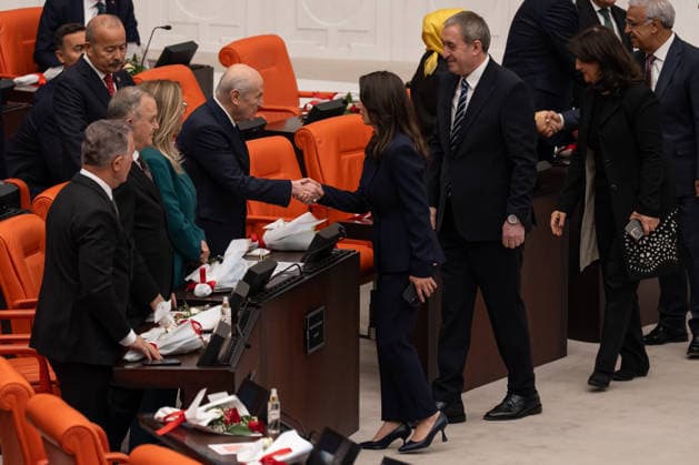 Opening Event of the 5th Legislative Year of the 28th Term of the Grand National Assembly of Turkiye ANKARA, TURKIYE - OCTOBER 1: MHP Chairman Devlet Bahceli (4th L) greets DEM Party deputies during the opening session of the 5th Legislative Year of the 28th Term, convened under the leadership of Speaker Numan Kurtulmus at the Grand National Assembly of Turkiye (GNAT) in Ankara, Turkiye on October 1, 2026. Ahmet Serdar Eser Anadolu Ankara Turkey. Editorial use only. Please get in touch for any other usage.  Copyright: x2026xAnadoluxAhmetxSerdarxEserx