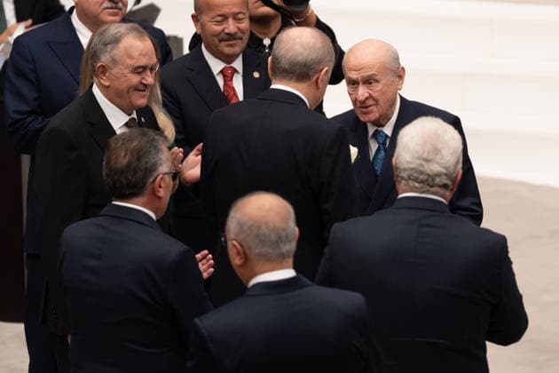 Opening Event of the 5th Legislative Year of the 28th Term of the Grand National Assembly of Turkiye ANKARA, TURKIYE - OCTOBER 1: Turkiye s Nationalist Movement Party (MHP) leader Devlet Bahceli presents red and white roses to Turkish President Recep Tayyip Erdogan following his address to the General Assembly on the occasion of the opening of the 5th Legislative Year of the 28th Term at the Grand National Assembly of Turkiye (GNAT) in Ankara, Turkiye on October 1, 2026. Ahmet Serdar Eser Anadolu Ankara Turkey. Editorial use only. Please get in touch for any other usage.  Copyright: x2026xAnadoluxAhmetxSerdarxEserx