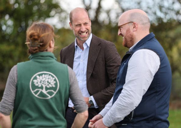 The Prince Of Wales Visits Monmouthshire And Herefordshire ABERGAVENNY, WALES - OCTOBER 01: Prince William, Prince Of Wales laughs as he speaks with Dr Jenny Knight, manager of charity Stump Up For Trees and Joe Haseley, Farming and Nature Programme Manager for the Duchy of Cornwall during a visit to the charity to hear about its goal of planting one million native trees across South Wales, at White Castle Farm on October 01, 2026 in Abergavenny, Wales. The Prince of Wales also visited the region to meet with those tackling the threat of flooding caused by extreme weather conditions., Credit:Chris Jackson PA ROTA - B68 Avalon United Kingdom, Wales, Abergavenny Copyright: xChrisxJacksonx xPAxROTAx-xB68x xAvalonx 1139799913