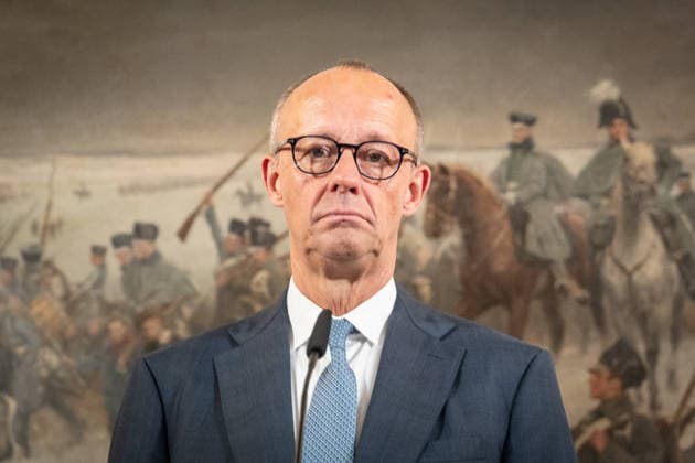 Friedrich Merz, Chancellor of Germany, during a press conference with the Chancellor, the Prime Minister of the Netherlands, and the NATO Secretary General at the 1st German-Dutch Corps in Münster, Münster, North Rhine-Westphalia, Germany; German-Dutch Corps