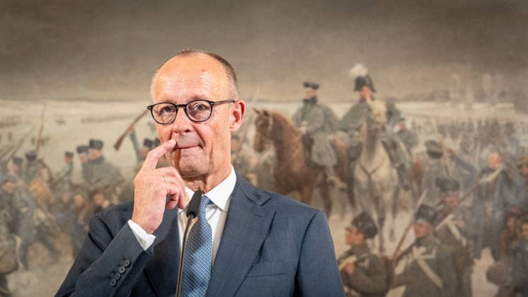 Friedrich Merz, Chancellor of Germany, during a press conference with the Chancellor, the Prime Minister of the Netherlands, and the NATO Secretary General at the 1st German-Dutch Corps in Münster, Münster, North Rhine-Westphalia, Germany; German-Dutch Corps