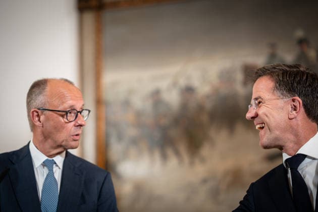 Friedrich Merz, Chancellor of Germany, with Mark Rutte, NATO Secretary General (from left), during the closing remarks at the meeting between the Chancellor, the Prime Minister of the Netherlands, and the NATO Secretary General at the 1st German-Dutch Corps in Münster, Münster, North Rhine-Westphalia, Germany; German-Dutch Corps