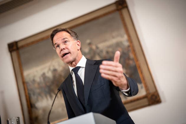Mark Rutte, NATO Secretary General, during the closing remarks at a meeting between the German Chancellor, the Prime Minister of the Netherlands, and the NATO Secretary General at the 1st German-Dutch Corps in Münster, Münster, North Rhine-Westphalia, Germany; German-Dutch Corps