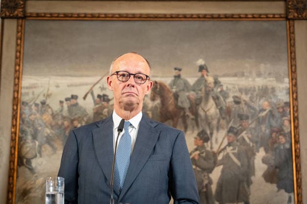 Friedrich Merz, Chancellor of Germany, during the press conference held by the Chancellor, the Prime Minister of the Netherlands, and the NATO Secretary General at the 1st German-Dutch Corps in Münster, Münster, North Rhine-Westphalia, Germany; German-Dutch Corps
