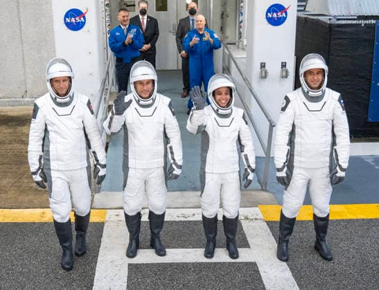 NASA s Crew-13 Astronaut Jessica Watkins, commander(2nd R), Astronaut Luke Delaney , pilot, and Mission Specialists Joshua Kutryk(L) of the Canadian Space Agency and Sergey Teteryatnikov of Roscosmos (R) walk out of the operations building on their way to board as Dragon Spacecraft atop a SpaceX Falcon 9 rocket on SLC-40 at Kennedy Space Center, Florida on Thursday, October 1, 2026. They are on their way to the International Space Station.  KSC2026100131 PATxBENIC