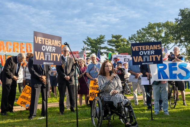 October 1, 2026, Washington, Dc, USA: Senator Tammy Duckworth (D-Illinois) speaks to protesters opposed to President Trumpâ€⠢s proposed arch outside of Arlington Cemetery on October 1, 2026. Washington USA - ZUMAl312 20261001_znp_l312_006 Copyright: xAndrewxLeydenx