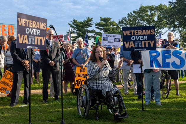 October 1, 2026, Washington, Dc, USA: Senator Tammy Duckworth (D-Illinois) speaks to protesters opposed to President Trumpâ€⠢s proposed arch outside of Arlington Cemetery on October 1, 2026. Washington USA - ZUMAl312 20261001_znp_l312_007 Copyright: xAndrewxLeydenx