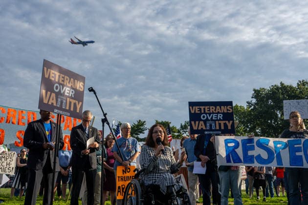 October 1, 2026, Washington, Dc, USA: Senator Tammy Duckworth (D-Illinois) speaks to protesters opposed to President Trumpâ€⠢s proposed arch outside of Arlington Cemetery on October 1, 2026. Washington USA - ZUMAl312 20261001_znp_l312_008 Copyright: xAndrewxLeydenx