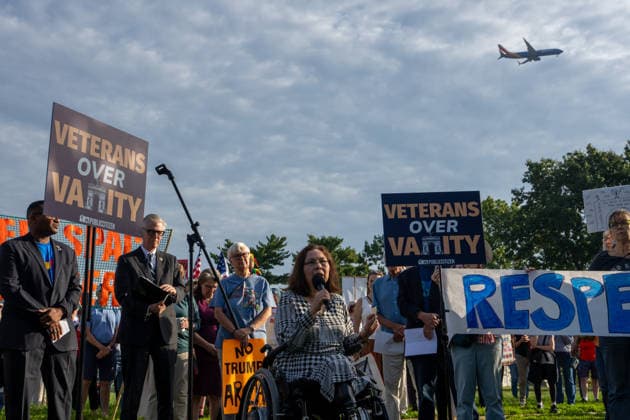 October 1, 2026, Washington, Dc, USA: Senator Tammy Duckworth (D-Illinois) speaks to protesters opposed to President Trumpâ€⠢s proposed arch outside of Arlington Cemetery on October 1, 2026. Washington USA - ZUMAl312 20261001_znp_l312_010 Copyright: xAndrewxLeydenx