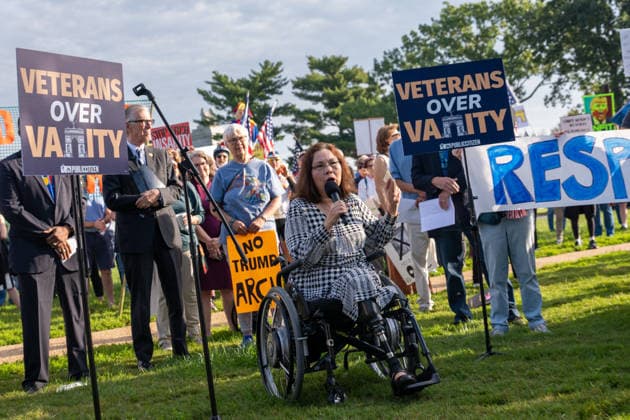 October 1, 2026, Washington, Dc, USA: Senator Tammy Duckworth (D-Illinois) speaks to protesters opposed to President Trumpâ€⠢s proposed arch outside of Arlington Cemetery on October 1, 2026. Washington USA - ZUMAl312 20261001_znp_l312_011 Copyright: xAndrewxLeydenx