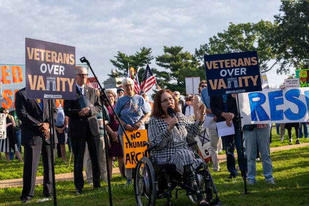 October 1, 2026, Washington, Dc, USA: Senator Tammy Duckworth (D-Illinois) speaks to protesters opposed to President TrumpÃ¢â‚¬â ¢s proposed arch outside of Arlington Cemetery on October 1, 2026. Washington USA - ZUMAl312 20261001_znp_l312_012 Copyright: xAndrewxLeydenx
