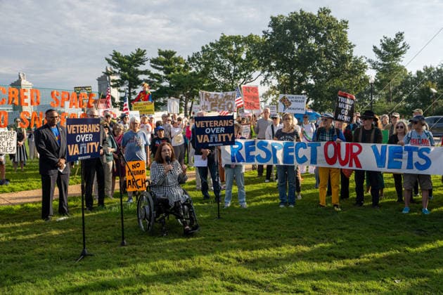 October 1, 2026, Washington, Dc, USA: Senator Tammy Duckworth (D-Illinois) speaks to protesters opposed to President Trumpâ€⠢s proposed arch outside of Arlington Cemetery on October 1, 2026. Washington USA - ZUMAl312 20261001_znp_l312_014 Copyright: xAndrewxLeydenx