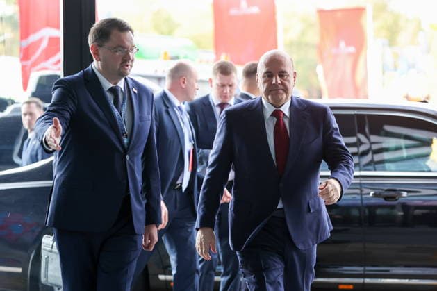 BELARUS, MINSK - OCTOBER 1, 2026: Russia s Prime Minister Mikhail Mishustin (R) attends the INNOPROM Belarus 2026 International Industrial Exhibition held at BELEXPO Minsk Belarus - ZUMAt113 20261001_zaa_t113_238 Copyright: xAlexanderxRyuminx