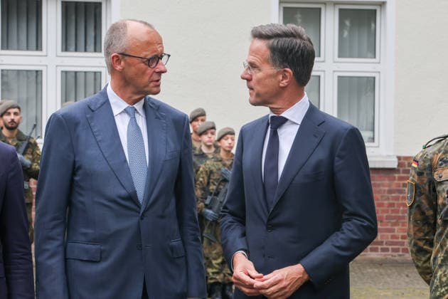 Meeting between the German Chancellor, the Prime Minister of the Netherlands, and the NATO Secretary General at the 1st German-Dutch Corps: Friedrich Merz (CDU), German Chancellor, and Mark Rutte, NATO Secretary General; Münster, North Rhine-Westphalia, DEU, Germany, October 1, 2026