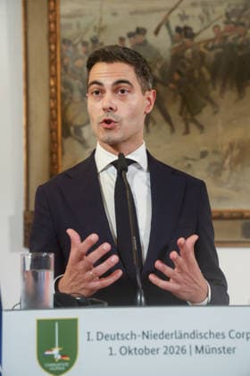 Meeting between the German Chancellor, the Prime Minister of the Netherlands, and the NATO Secretary General at the 1st German-Dutch Corps; press conference with Rob Jetten (D66), Prime Minister of the Netherlands; Münster, North Rhine-Westphalia, DEU, Germany, October 1, 2026