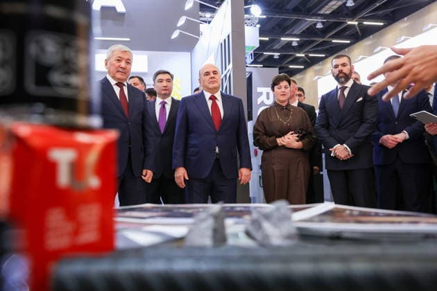 BELARUS, MINSK - OCTOBER 1, 2026: Russia s Prime Minister Mikhail Mishustin (3rd L) attends the INNOPROM Belarus 2026 International Industrial Exhibition held at BELEXPO Minsk Belarus - ZUMAt113 20261001_zaa_t113_255 Copyright: xAlexanderxRyuminx