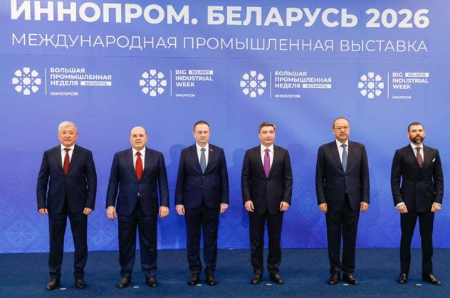 BELARUS, MINSK - OCTOBER 1, 2026: Adylbek Kasymaliyev, Chairman of Kyrgyzstan s Cabinet of Ministers and Head of the Presidential Administration, Russia s Prime Minister Mikhail Mishustin, Belarus Prime Minister Alexander Turchin, Kazakhstan s Prime Minister Olzhas Bektenov, Uzbekistan s Prime Minister Abdulla Aripov and Laureano Facundo Ortega Murillo (L-R), Special Presidential Envoy of Nicaragua for Cooperation with Russia, are pictured during the INNOPROM Belarus 2026 International Industrial Exhibition held at BELEXPO Minsk Belarus - ZUMAt113 20261001_zaa_t113_258 Copyright: xDmitryxAstakhovx