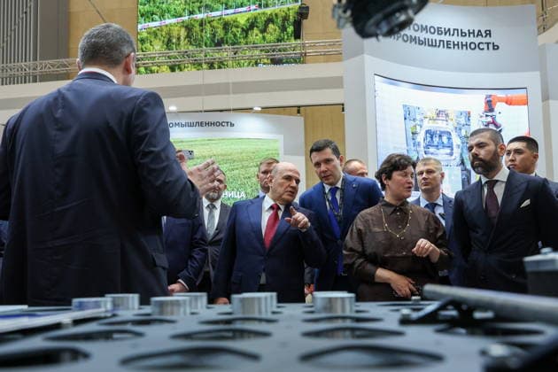 BELARUS, MINSK - OCTOBER 1, 2026: Russia s Prime Minister Mikhail Mishustin (3rd L) attends the INNOPROM Belarus 2026 International Industrial Exhibition held at BELEXPO Minsk Belarus - ZUMAt113 20261001_zaa_t113_259 Copyright: xAlexanderxRyuminx