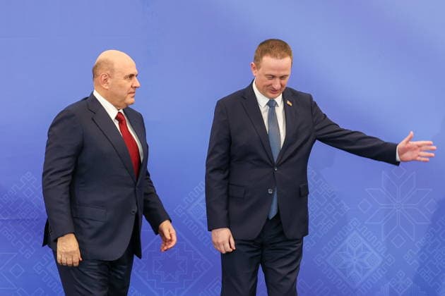 BELARUS, MINSK - OCTOBER 1, 2026: Russia s Prime Minister Mikhail Mishustin (L) and Belarus Prime Minister Alexander Turchin are pictured during the INNOPROM Belarus 2026 International Industrial Exhibition held at BELEXPO Minsk Belarus - ZUMAt113 20261001_zaa_t113_260 Copyright: xAlexanderxRyuminx