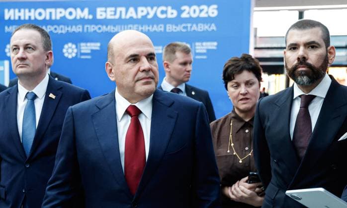 Belarus Russia 9255505 01.10.2026 Belarusian Prime Minister Alexander Turchin, Russian Prime Minister Mikhail Mishustin and Nicaraguan Presidential Advisor for the Promotion of Investment, Trade and International Cooperation Laureano Ortega Murillo tour stands at the Innoprom. Belarus international industrial trade fair at the BelEXpo exhibition centre in Minsk, Belarus. Dmitry Astakhov Sputnik Minsk Belarus Copyright: xDmitryxAstakhovx