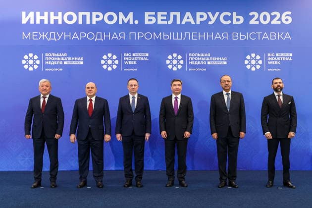 BELARUS, MINSK - OCTOBER 1, 2026: Adylbek Kasymaliyev, Chairman of Kyrgyzstan s Cabinet of Ministers and Head of the Presidential Administration, Russia s Prime Minister Mikhail Mishustin, Belarus Prime Minister Alexander Turchin, Kazakhstan s Prime Minister Olzhas Bektenov, Uzbekistan s Prime Minister Abdulla Aripov and Laureano Facundo Ortega Murillo (L-R), Special Presidential Envoy of Nicaragua for Cooperation with Russia, are pictured during the INNOPROM Belarus 2026 International Industrial Exhibition held at BELEXPO Minsk Belarus - ZUMAt113 20261001_zaa_t113_272 Copyright: xAlexanderxRyuminx
