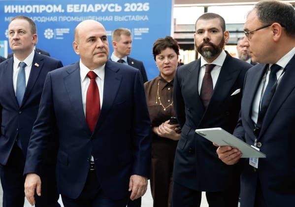 BELARUS, MINSK - OCTOBER 1, 2026: Mikhail Mishustin (2nd L), Russia s Prime Minister, and Laureano Facundo Ortega Murillo (2nd R), Special Presidential Envoy of Nicaragua for Cooperation with Russia, attend the INNOPROM Belarus 2026 International Industrial Exhibition held at BELEXPO Minsk Belarus  - ZUMAt113 20261001_zaa_t113_273 Copyright: xAlexanderxRyuminx