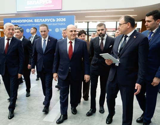 BELARUS, MINSK - OCTOBER 1, 2026: Mikhail Mishustin (4th R front), Russia s Prime Minister, and Laureano Facundo Ortega Murillo (3rd R front), Special Presidential Envoy of Nicaragua for Cooperation with Russia, attend the INNOPROM Belarus 2026 International Industrial Exhibition held at BELEXPO Minsk Belarus  - ZUMAt113 20261001_zaa_t113_274 Copyright: xDmitryxAstakhovx