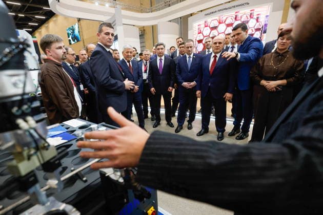 BELARUS, MINSK - OCTOBER 1, 2026: Russia s Prime Minister Mikhail Mishustin (3rd R front) attends the INNOPROM Belarus 2026 International Industrial Exhibition held at BELEXPO Minsk Belarus  - ZUMAt113 20261001_zaa_t113_282 Copyright: xDmitryxAstakhovx