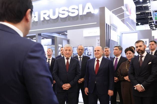 BELARUS, MINSK - OCTOBER 1, 2026: Russia s Prime Minister Mikhail Mishustin (2nd L front) attends the INNOPROM Belarus 2026 International Industrial Exhibition at BELEXPO Minsk Belarus  - ZUMAt113 20261001_zaa_t113_285 Copyright: xAlexanderxRyuminx