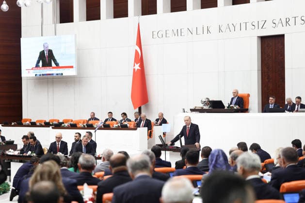 Opening Event of the 5th Legislative Year of the 28th Term of the Grand National Assembly of Turkiye ANKARA, TURKIYE - OCTOBER 1: (----EDITORIAL USE ONLY - MANDATORY CREDIT - TURKISH GRAND NATIONAL ASSEMBLY HANDOUT - NO MARKETING NO ADVERTISING CAMPAIGNS - DISTRIBUTED AS A SERVICE TO CLIENTS----) Turkish President and AK Party Chairman Recep Tayyip Erdogan delivers a speech as the General Assembly of the Turkish Grand National Assembly (TGNA) convenes under the chairmanship of Parliament Speaker Numan Kurtulmus for the opening of the 5th Legislative Year of the 28th Term in Ankara, Turkiye, on October 1, 2026. Turkish Grand National Assembly Handout Anadolu Ankara Turkey. Editorial use only. Please get in touch for any other usage. Copyright: x2026xAnadoluxTurkishxGrandxNationalxAssemblyx xHandoutx