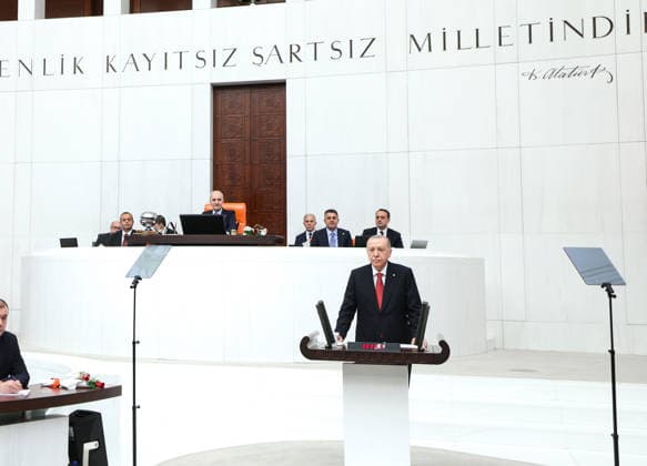 Opening Event of the 5th Legislative Year of the 28th Term of the Grand National Assembly of Turkiye ANKARA, TURKIYE - OCTOBER 1: (----EDITORIAL USE ONLY - MANDATORY CREDIT - TURKISH GRAND NATIONAL ASSEMBLY HANDOUT - NO MARKETING NO ADVERTISING CAMPAIGNS - DISTRIBUTED AS A SERVICE TO CLIENTS----) Turkish President and AK Party Chairman Recep Tayyip Erdogan delivers a speech as the General Assembly of the Turkish Grand National Assembly (TGNA) convenes under the chairmanship of Parliament Speaker Numan Kurtulmus for the opening of the 5th Legislative Year of the 28th Term in Ankara, Turkiye, on October 1, 2026. Turkish Grand National Assembly Handout Anadolu Ankara Turkey. Editorial use only. Please get in touch for any other usage. Copyright: x2026xAnadoluxTurkishxGrandxNationalxAssemblyx xHandoutx