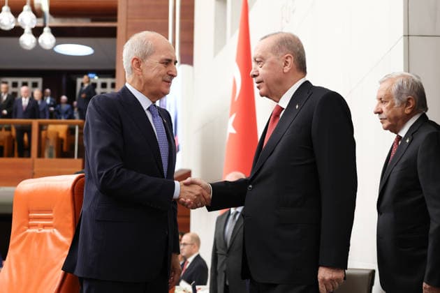 Opening Event of the 5th Legislative Year of the 28th Term of the Grand National Assembly of Turkiye ANKARA, TURKIYE - OCTOBER 1: (----EDITORIAL USE ONLY - MANDATORY CREDIT - TURKISH GRAND NATIONAL ASSEMBLY HANDOUT - NO MARKETING NO ADVERTISING CAMPAIGNS - DISTRIBUTED AS A SERVICE TO CLIENTS----) Turkish President Recep Tayyip Erdogan greets Turkish Parliament Speaker Numan Kurtulmus as he leaves the General Assembly Hall after addressing lawmakers during the opening of the 5th Legislative Year of the 28th Term of the Turkish Grand National Assembly (TGNA) in Ankara, Turkiye, on October 1, 2026. Turkish Grand National Assembly Handout Anadolu Ankara Turkey. Editorial use only. Please get in touch for any other usage. Copyright: x2026xAnadoluxTurkishxGrandxNationalxAssemblyx xHandoutx