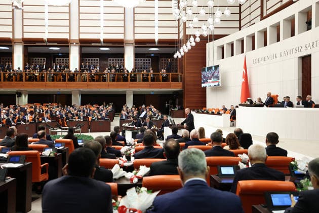 Opening Event of the 5th Legislative Year of the 28th Term of the Grand National Assembly of Turkiye ANKARA, TURKIYE - OCTOBER 1: (----EDITORIAL USE ONLY - MANDATORY CREDIT - TURKISH GRAND NATIONAL ASSEMBLY HANDOUT - NO MARKETING NO ADVERTISING CAMPAIGNS - DISTRIBUTED AS A SERVICE TO CLIENTS----) Turkish President and AK Party Chairman Recep Tayyip Erdogan delivers a speech as the General Assembly of the Turkish Grand National Assembly (TGNA) convenes under the chairmanship of Parliament Speaker Numan Kurtulmus for the opening of the 5th Legislative Year of the 28th Term in Ankara, Turkiye, on October 1, 2026. Turkish Grand National Assembly Handout Anadolu Ankara Turkey. Editorial use only. Please get in touch for any other usage. Copyright: x2026xAnadoluxTurkishxGrandxNationalxAssemblyx xHandoutx