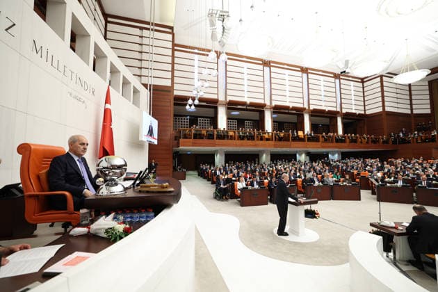 Opening Event of the 5th Legislative Year of the 28th Term of the Grand National Assembly of Turkiye ANKARA, TURKIYE - OCTOBER 1: (----EDITORIAL USE ONLY - MANDATORY CREDIT - TURKISH GRAND NATIONAL ASSEMBLY HANDOUT - NO MARKETING NO ADVERTISING CAMPAIGNS - DISTRIBUTED AS A SERVICE TO CLIENTS----) Turkish Parliament Speaker Numan Kurtulmus delivers a speech as the General Assembly of the Turkish Grand National Assembly (TGNA) convenes for the opening of the 5th Legislative Year of the 28th Term in Ankara, Turkiye, on October 1, 2026. Turkish Grand National Assembly Handout Anadolu Ankara Turkey. Editorial use only. Please get in touch for any other usage. Copyright: x2026xAnadoluxTurkishxGrandxNationalxAssemblyx xHandoutx