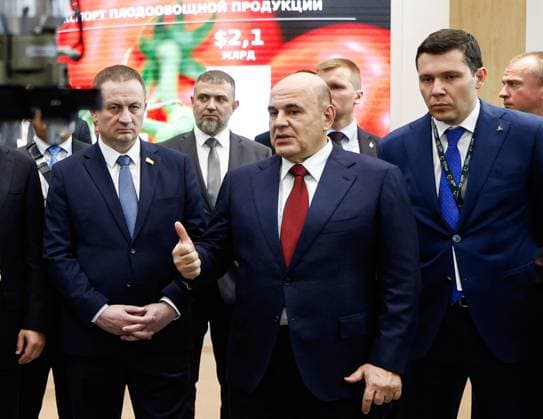 Belarus Russia 9255533 01.10.2026 Belarusian Prime Minister Alexander Turchin, Russian Prime Minister Mikhail Mishustin and Russian Minister of Industry and Trade Anton Alikhanov tour stands during the Innoprom. Belarus international industrial trade fair at the BelEXpo exhibition centre in Minsk, Belarus. Dmitry Astakhov Sputnik Minsk Belarus Copyright: xDmitryxAstakhovx