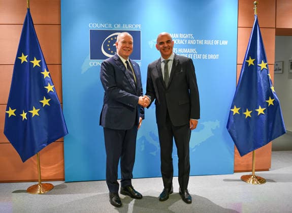 Prince Albert II of Monaco addresses Parliamentary Assembly of Council of Europe STRASBOURG, FRANCE - OCTOBER 01: Prince Albert II of Monaco and Secretary General of the Council of Europe Alain Berset pose together during Prince Albert II s visit to the Council of Europe in Strasbourg, France on October 1, 2026. Prince Albert II visits the Council of Europe before addressing the Parliamentary Assembly of the Council of Europe (PACE). Ahmet Sel Anadolu Strasbourg France. Editorial use only. Please get in touch for any other usage.  Copyright: x2026xAnadoluxAhmetxSelx